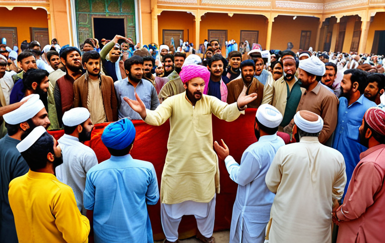 **
"A bustling auction scene in Pakistan, showcasing vibrant colors and traditional clothing. Focus on the auctioneer's energetic gestures and the diverse expressions of the bidders. Include details like Urdu signage and local currency being exchanged. Realistic oil painting style."
**