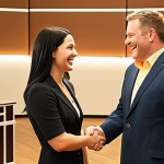 **Image:** A friendly auctioneer shaking hands with a bidder, both smiling, in a modern auction house setting. Focus on the positive and trusting relationship between them. Warm lighting.