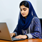 **

A professional, fully clothed businesswoman in a modest shalwar kameez (traditional Pakistani dress), sitting at a desk in a modern office in Karachi, Pakistan. She is working on a laptop. Safe for work, perfect anatomy, natural proportions, professional photograph, high quality, appropriate content, family-friendly.

**