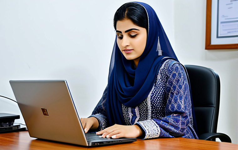 **

A professional, fully clothed businesswoman in a modest shalwar kameez (traditional Pakistani dress), sitting at a desk in a modern office in Karachi, Pakistan. She is working on a laptop. Safe for work, perfect anatomy, natural proportions, professional photograph, high quality, appropriate content, family-friendly.

**