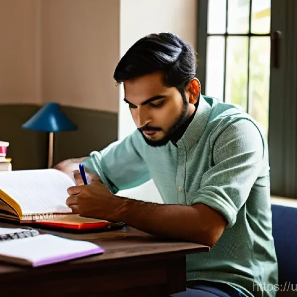 경매사 시험 준비 중 겪을 수 있는 문제점 해결 - **Prompt 1: Organized Study Schedule**
"A young South Asian adult, looking calm and focused, met...