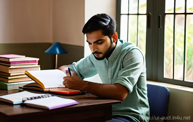 경매사 시험 준비 중 겪을 수 있는 문제점 해결 - **Prompt 1: Organized Study Schedule**
"A young South Asian adult, looking calm and focused, met...