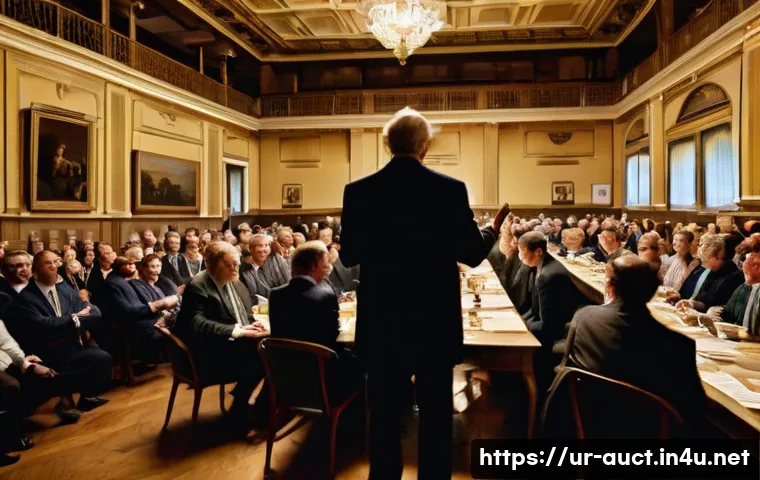 경매사 실무에서의 협상 사례 분석 - **A high-stakes live auction scene, capturing intense psychological tension and subtle body language...