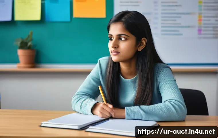 경매사 실기시험 대비 노트 작성법 - **"A determined young South Asian female student, modestly dressed in a smart casual outfit, sitting...